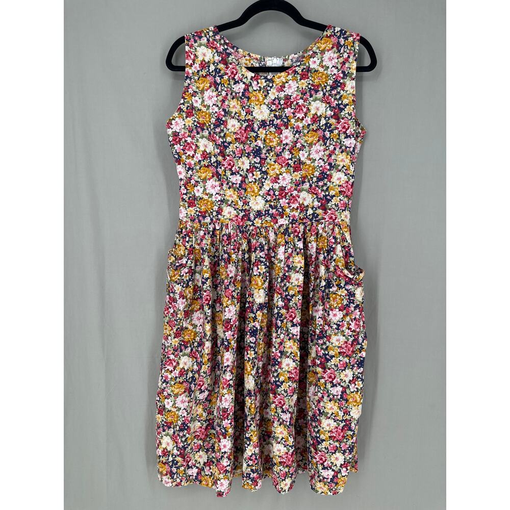 Vintage Handmade Dress Womens Medium Navy Blue Ditsy Floral Knee Length Cottage - Picture 4 of 9